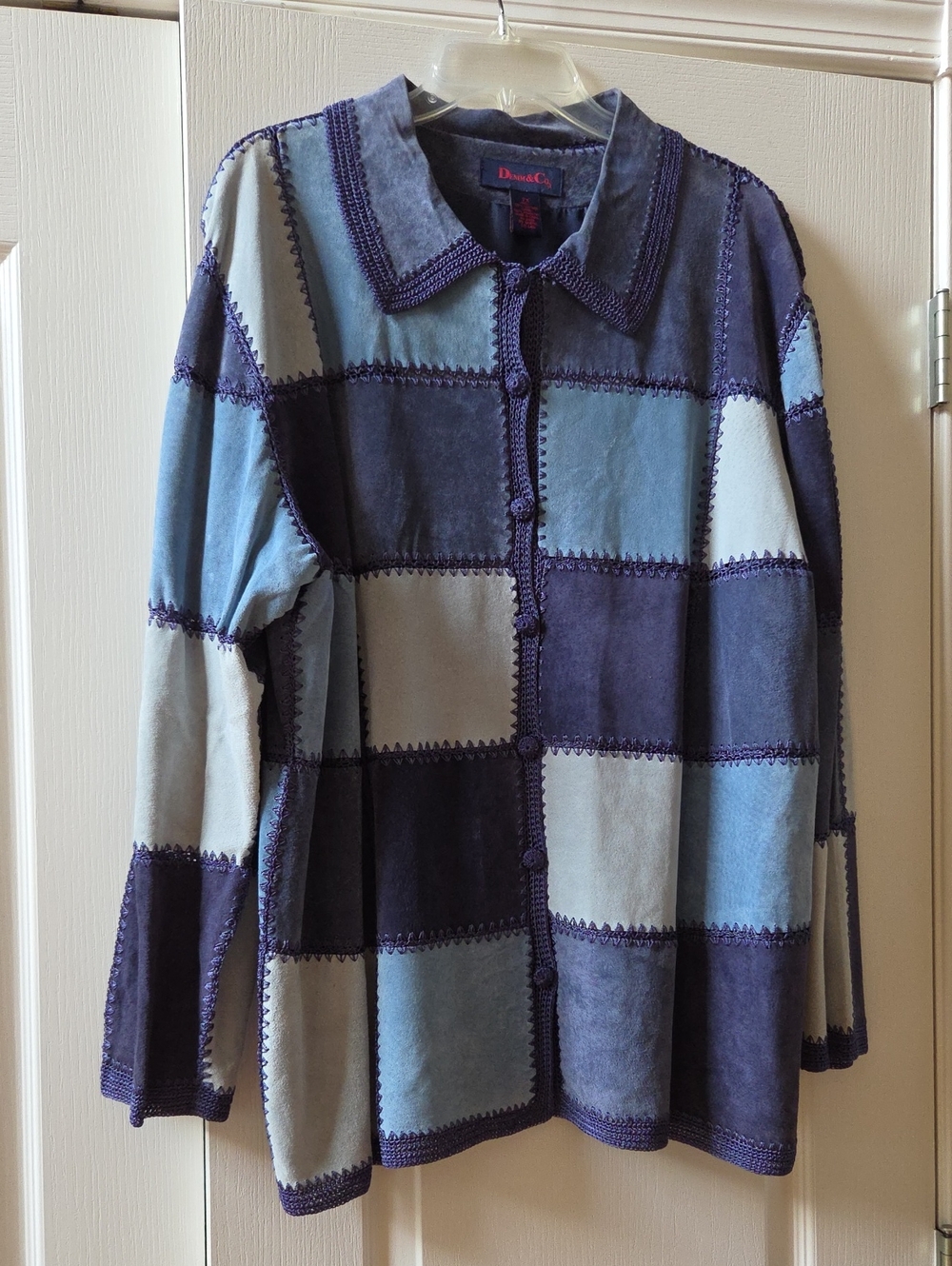 Denim & Co. Size 2X 100% Blue Leather/Suede Jacket with Crochet Trim.